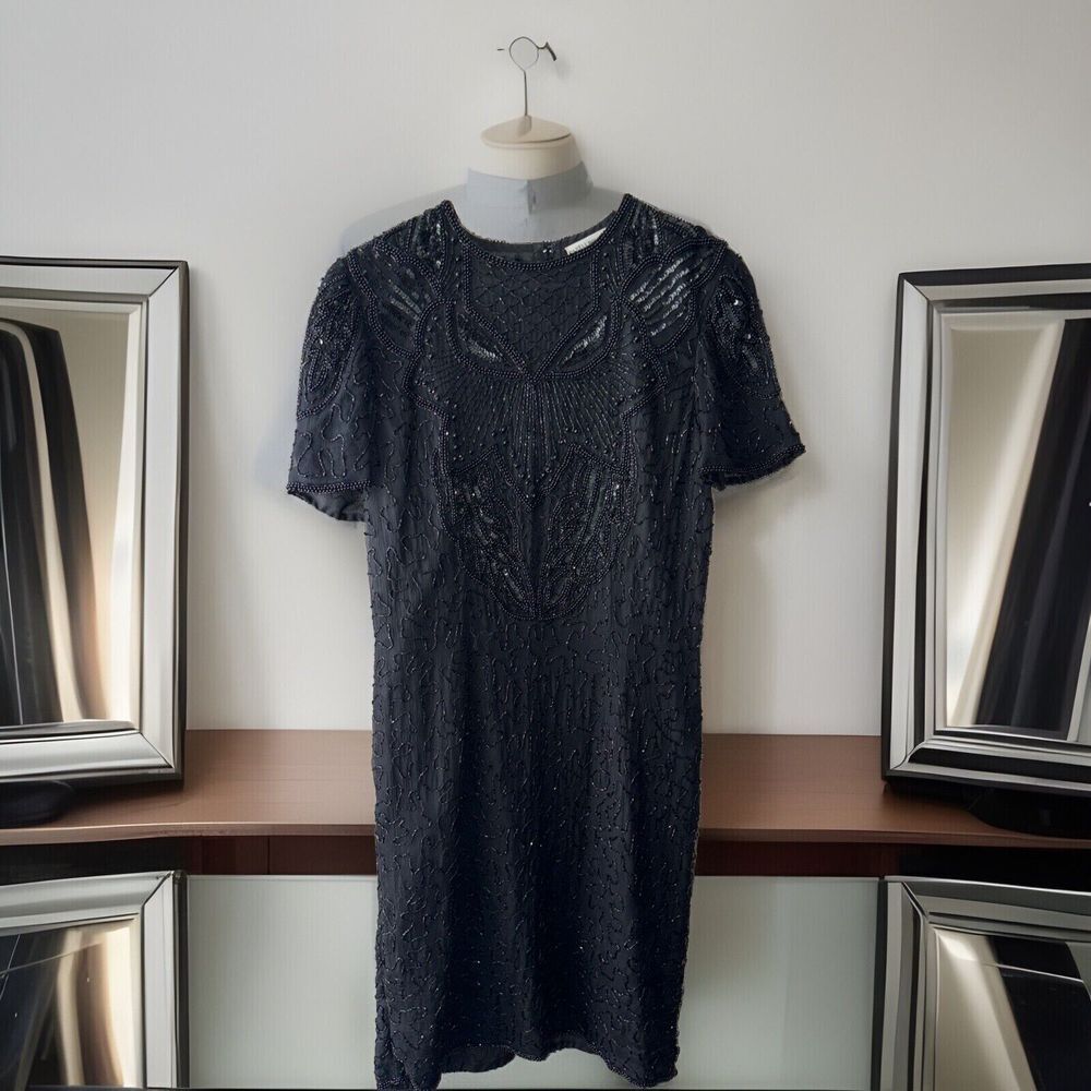 Vintage Papell Boutique Evening 100% Silk Beaded Midi‎ Dress Formal Size 8 Black